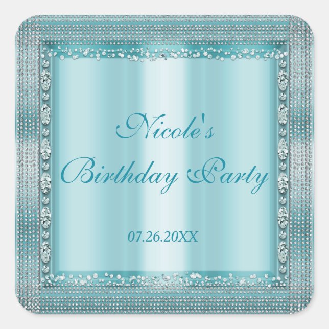 Aqua Aquamarin Blue & Silver Diamond Bling Gastges Quadratischer Aufkleber (Vorderseite)