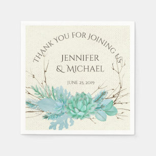 Aqua Aquamarin Blue Watercolor Succulent Wedding C Serviette
