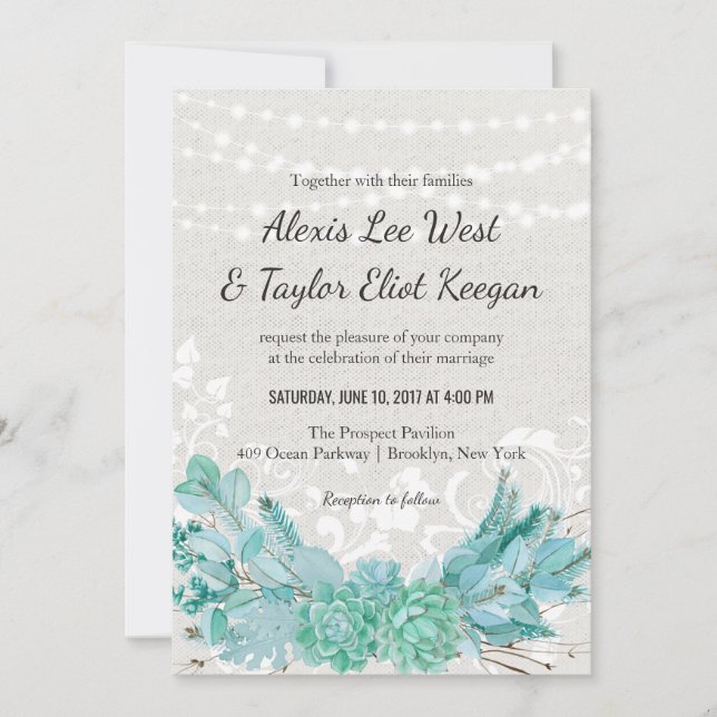 Aqua Aquamarin Blue Watercolor Sukkulente Hochzeit Einladung (Vorderseite)