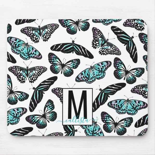 Aqua Aquamarin Butterfisch Wasserfarben Muster Mon Mousepad (Vorne)