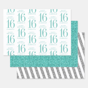Aqua Aquamarin Glitzer Süß 16 Personalisiert Tü Geschenkpapier Set