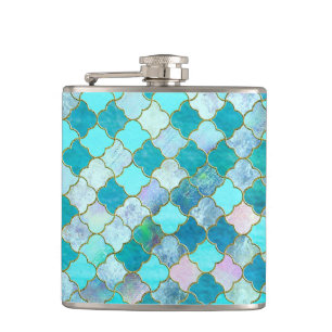 Aqua Aquamarin Gold Oriental Marokkanisches Fliese Flachmann