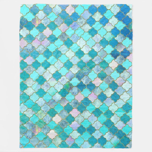 Aqua Aquamarin Gold Oriental Marokkanisches Fliese Fleecedecke (Vorderseite)