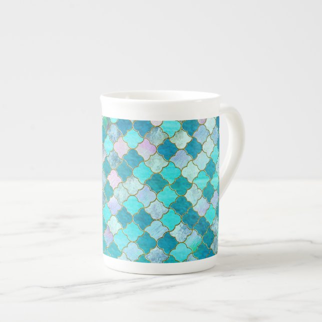 Aqua Aquamarin Gold Oriental Marokkanisches Fliese Prozellantasse (Vorderseite Rechts)