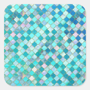 Aqua Aquamarin Gold Oriental Marokkanisches Fliese Quadratischer Aufkleber