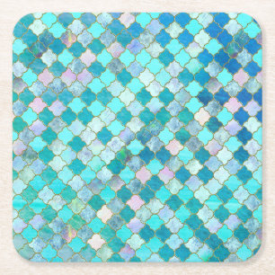 Aqua Aquamarin Gold Oriental Marokkanisches Fliese Rechteckiger Pappuntersetzer