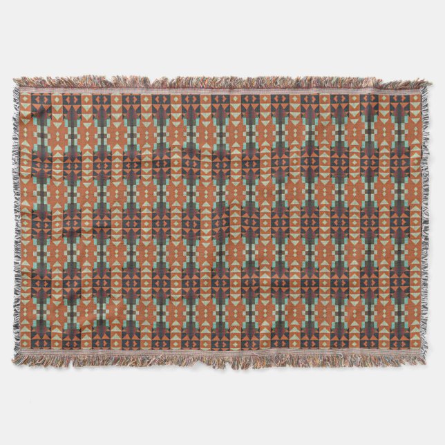 Aqua Aquamarin Green Orange Taupe Beige Tribal Art Decke (Vorderseite)