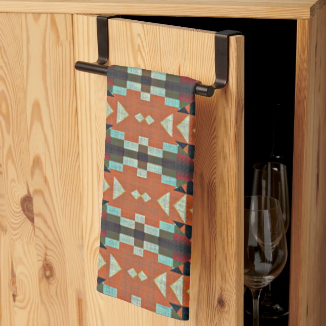 Aqua Aquamarin Green Orange Taupe Beige Tribal Art Handtuch (Drittel gefaltet)