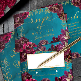 Aqua Aquamarin Merlot Jewel Tone Gold Wedding RSVP