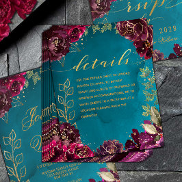 Aqua Aquamarin Merlot Jewel Tone GoldWedding Detai Begleitkarte