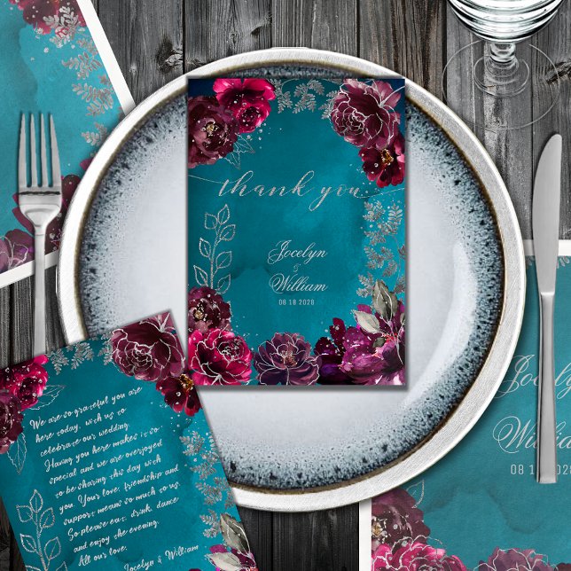 Aqua Aquamarin Merlot Jewel Tone Hochzeitsplatz Dankeskarte (Aqua Teal Merlot Jewel Tone Wedding Place Setting Thank You Card with heartfelt writing on the back)