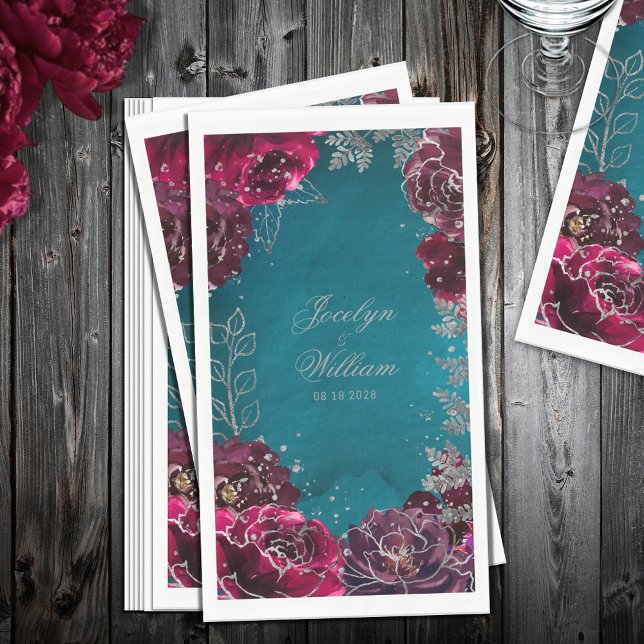 Aqua Aquamarin Merlot Jewel Tone Wedding Serviette (Aqua Teal Merlot Jewel Tone Wedding Guest Towel Paper Napkin)