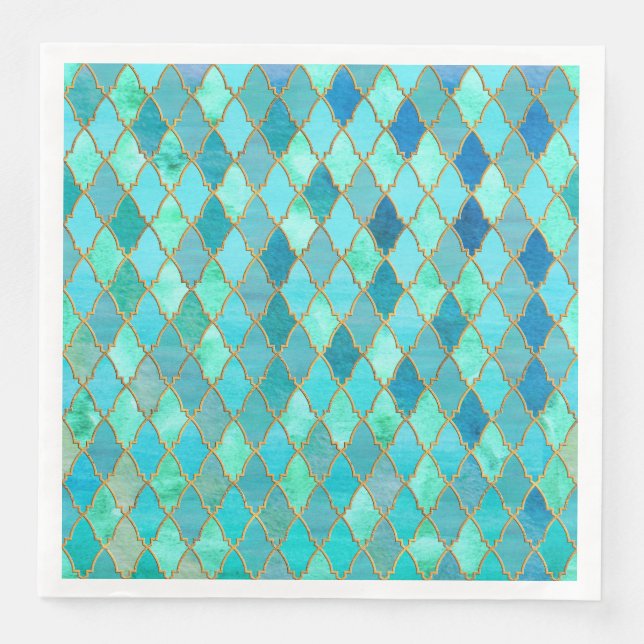 Aqua Aquamarin Mint Gold Oriental Marokkanisches F Serviette (Vorderseite)