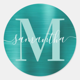 Aqua Aquamarin moderne Signature Monogram Foil Runder Aufkleber