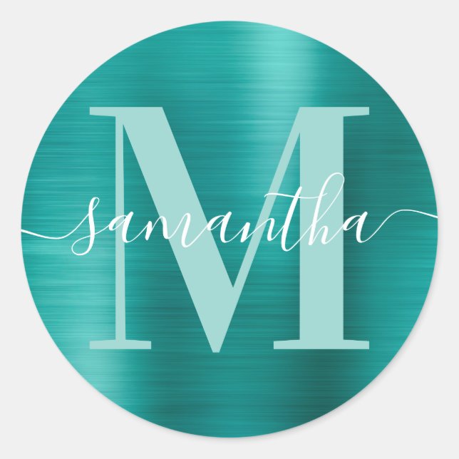Aqua Aquamarin moderne Signature Monogram Foil Runder Aufkleber (Vorderseite)