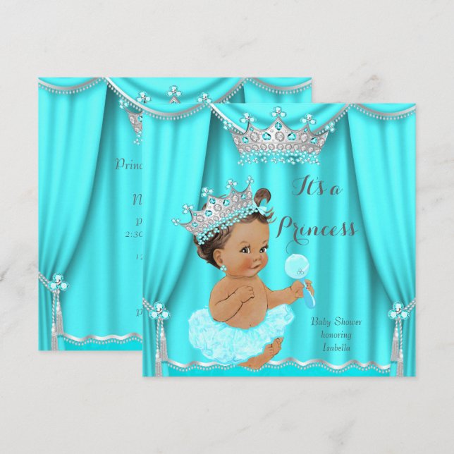 Aqua Aquamarin Princess Baby Dusche Silver Brünett Einladung (Vorne/Hinten)
