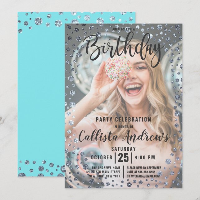 Aqua Aquamarin Silver Glitzer Confetti Foto Geburt Einladung (Vorne/Hinten)