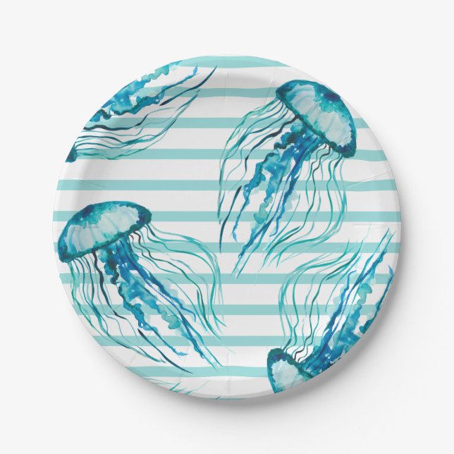 Aqua Aquamarin Stripes Wasserfarbene Quallen Pappteller (Vorderseite)