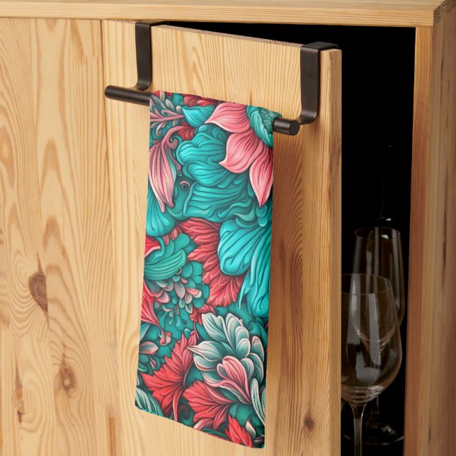 Aqua, Aquamarin, Türkis und Graues Blumenmuster Geschirrtuch (Drittel gefaltet)