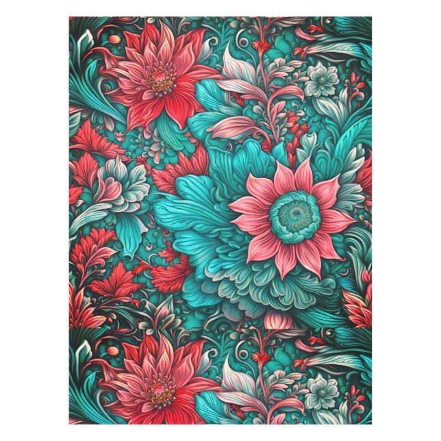Aqua, Aquamarin, Türkis und Graues Blumenmuster Tischdecke (Vorderseite)
