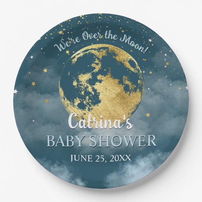 Aqua Aquamarin über Mond und Sternen Babydusche Pappteller (Vorderseite)