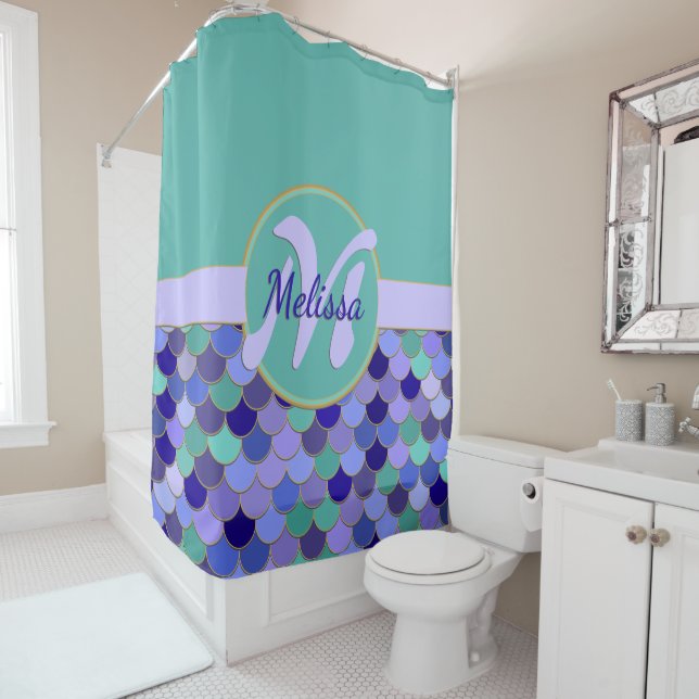 Aqua Aquamarin und Lila Monogram + Name Mermaid Sc Duschvorhang (Beispiel)