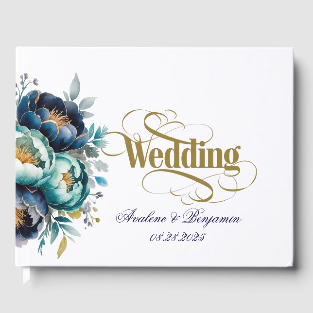 Aqua Aquamarin und Navy Peony Bouquet Wedding Gästebuch (Vorderseite)