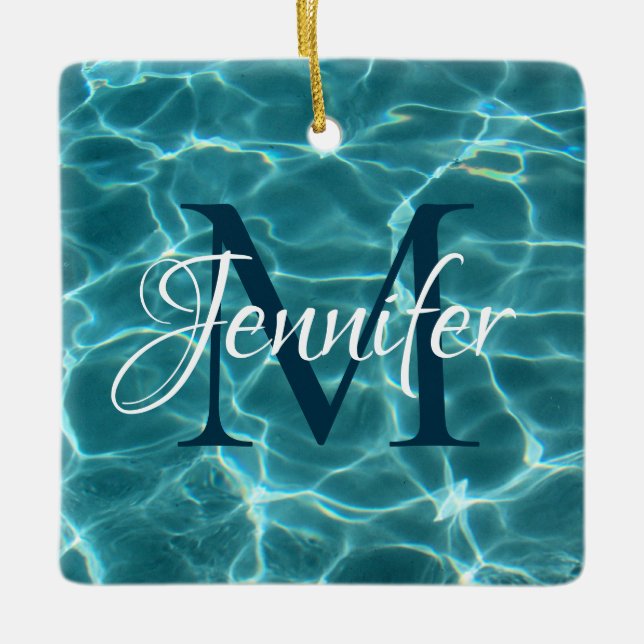 Aqua Aquamarin und White Swimming Pool Foto Monogr Keramikornament (Vorderseite)