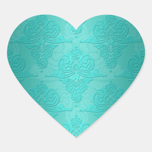 Aqua Aquamarin Vintag Grunge Damask Muster Herz-Aufkleber (Vorderseite)