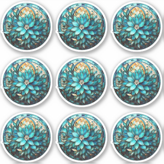 Aqua Aquamarine Blume Gestaltete Glasmalerei Aufkleber (Vorderseite)