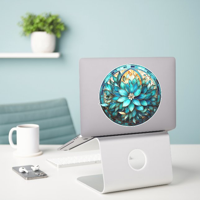 Aqua Aquamarine Blume Gestaltete Glasmalerei Aufkleber (Laptop auf Schreibtisch)