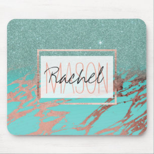 Aqua Aquamarine Rose Gold Glitzer Marble Ombre Mon Mousepad