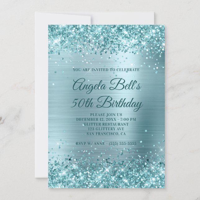 Aqua Aquamariner Glitzer Blassblauer Foil 50. Gebu Einladung (Rückseite)