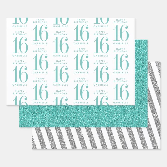 Aqua Aquamariner Glitzer Sweet 16 Personalisiert T Geschenkpapier Set (Set)