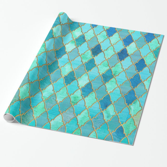 Aqua-aquamarines tadelloses Goldorientalisches Geschenkpapier (Ungerollt)