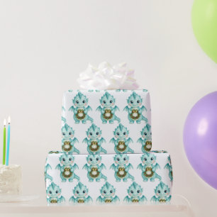 Aqua-Aquarell-Baby-Drache-Weihnachtskranz Geschenkpapier