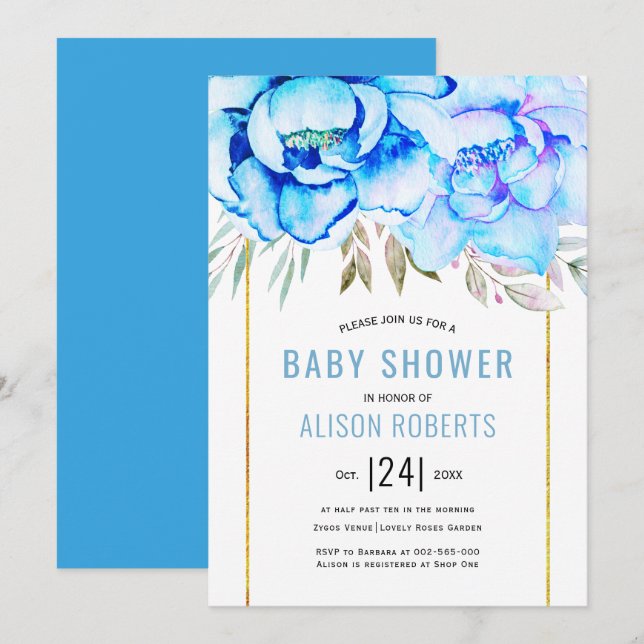 Aqua Aquarell Blume Blumenjungen Babydusche Einladung (Vorne/Hinten)