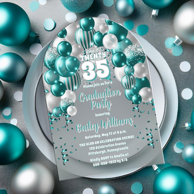 Aqua Balloons Class Year Graduation Party Acryleinladungen (Aqua Balloons Class Year Graduation Party Acrylic Invitations)