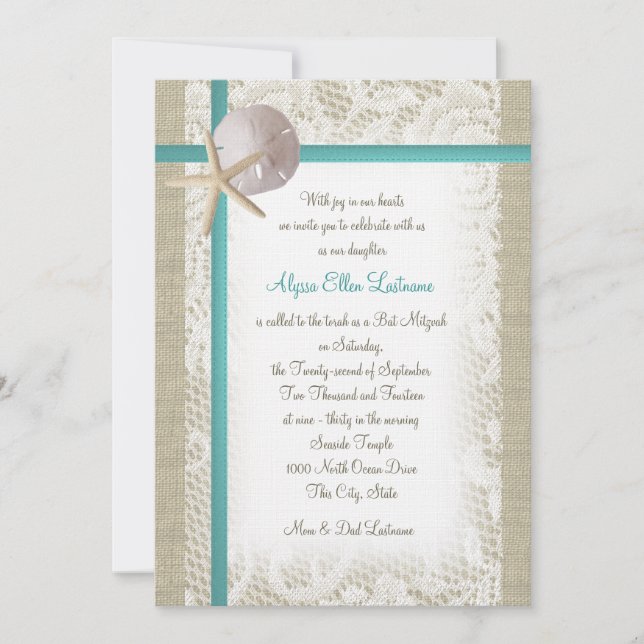 Aqua Beach Burlap und Lace Bat Mitzvah Einladung (Vorderseite)