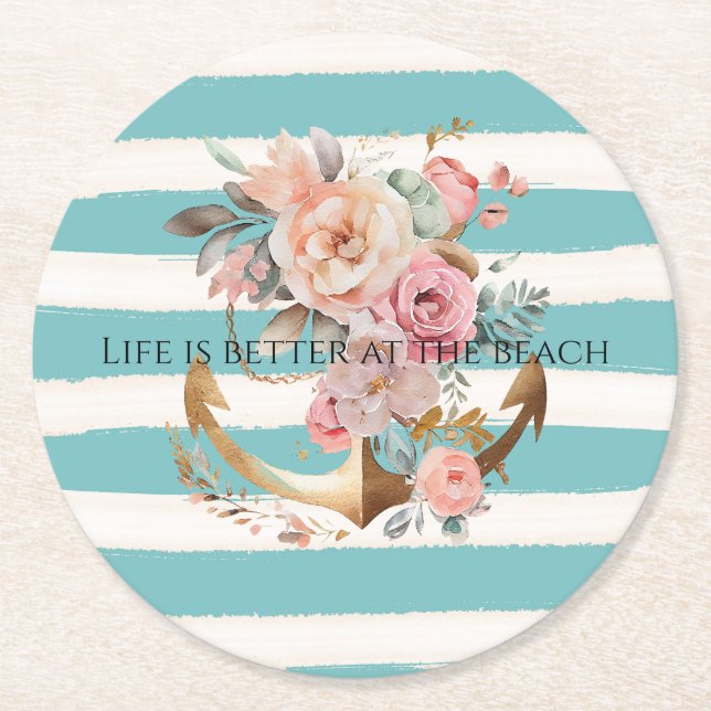 Aqua Beach Streifen Blumenanker Runder Pappuntersetzer (Vorderseite)