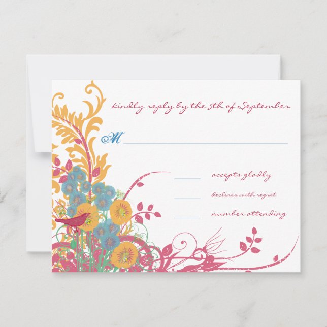 Aqua Beeswax Raspberry Wild Blume Bird Wedding RSVP Karte (Vorderseite)