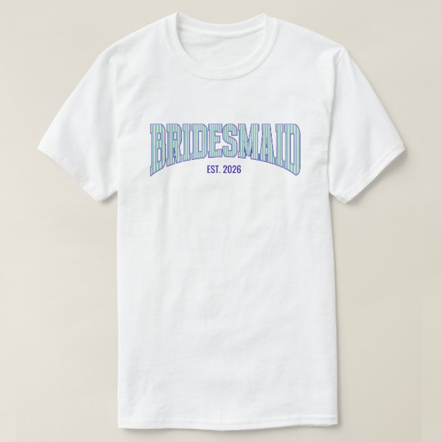 Aqua + Beige Stripe Navy BRIDESMAID Bachelorette T-Shirt (Design vorne)