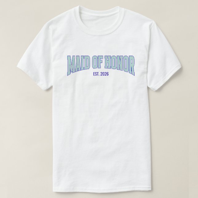 Aqua + Beige Stripe Navy MAID OF HONOR  T-Shirt (Design vorne)