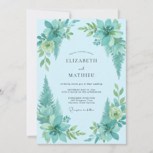 Aqua Bemalte Hochzeit mit Laubwerk Einladung
