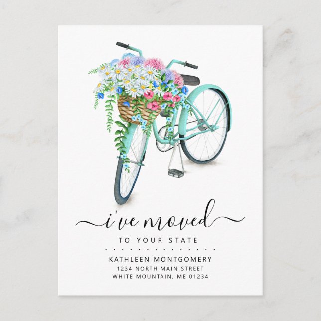 Aqua Bicycle Daisy Floral Basket Moving Ankündigungspostkarte (Vorderseite)