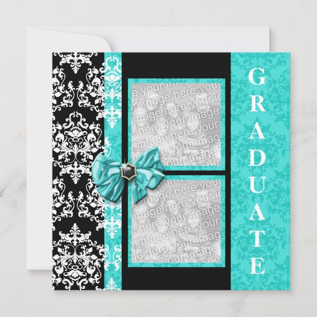 Aqua Black Abschluss Damask Template PERSONALISIER Einladung (Vorderseite)