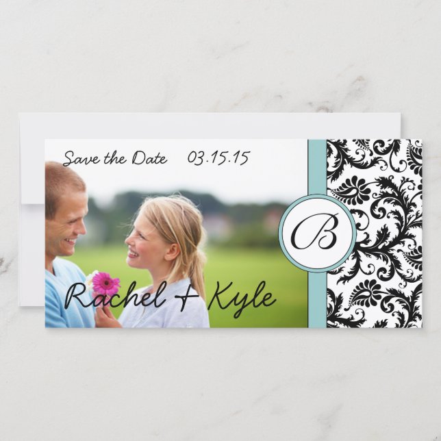 Aqua & Black Damask Save the Date Ihr Foto (Vorderseite)