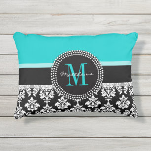 Aqua Black Damast Ihr Monogramm Name Kissen Für Draußen