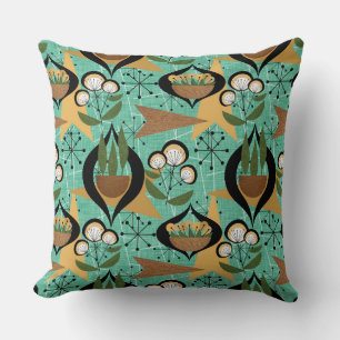 Aqua, Black, Gold Atomic Pflanze   Mitte des Jahrh Kissen