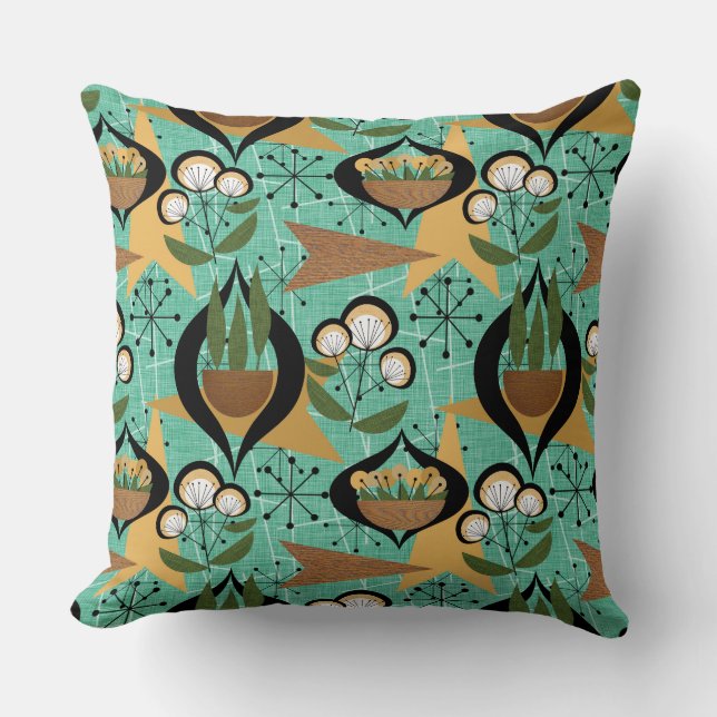Aqua, Black, Gold Atomic Pflanze | Mitte des Jahrh Kissen (Vorderseite)